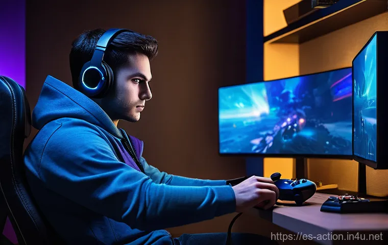액션 어드벤쳐 게임의 난이도 선택 - **Prompt 1: The Sweet Spot of Challenge** "A male gamer, aged late 20s, with a focused yet conte...