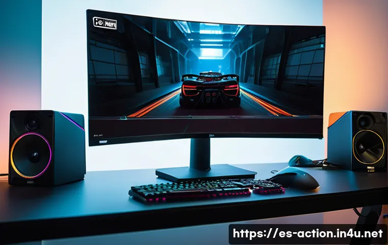 게임 그래픽 설정 가이드 - A high-end gaming setup scene showcasing a modern PC with dual monitors displaying a competitive fir...