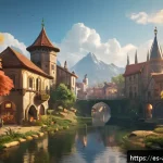 Home 14 PC용 액션 어드벤쳐 게임 - A vibrant open-world fantasy landscape at golden hour, featuring a sprawling medieval city with deta...