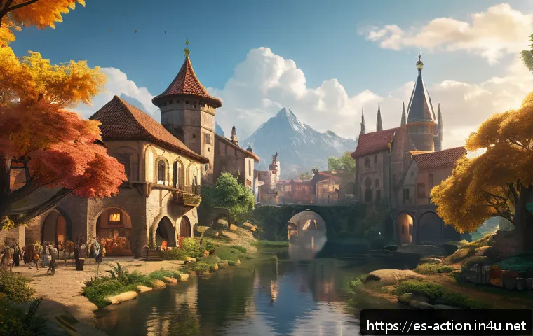 PC용 액션 어드벤쳐 게임 - A vibrant open-world fantasy landscape at golden hour, featuring a sprawling medieval city with deta...